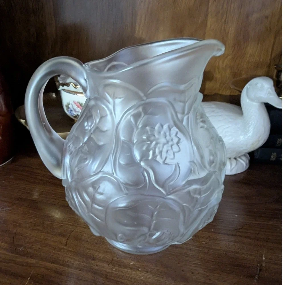 Vintage Frosted Glass Pitcher Floral Embossed Satin Glass Relief Design